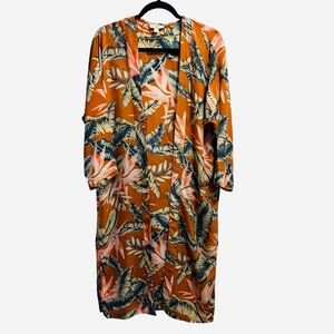 LOFT orange tropical floral palm leaf duster kimono summer beach coastal M/L